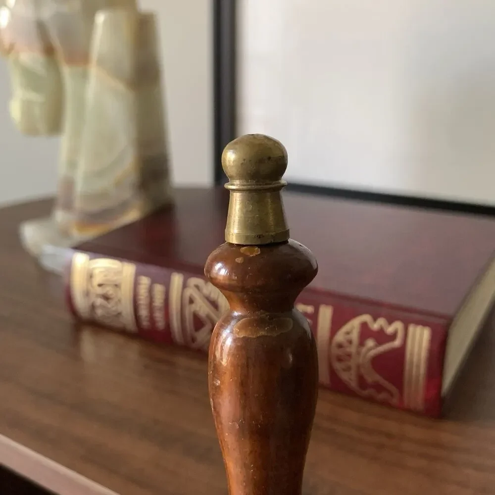 Antique Brass Bell Hinge Candle Snuffer Wooden Handle Patina Vintage Unique 13”